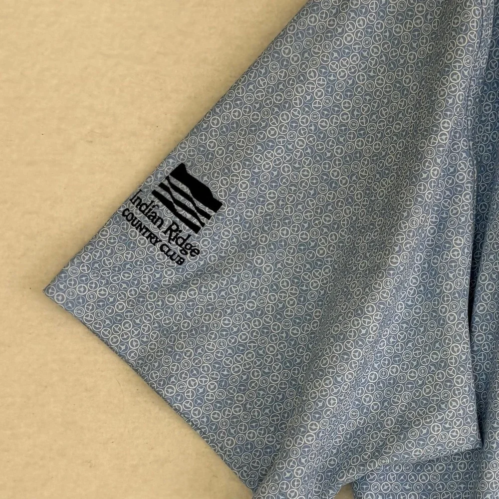 Peter Millar Avenue Performance Jersey Polo Shirt Mens XL Blue Wheel Print Golf